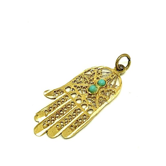 Hamsa Hand Protection Power Charm With Turquoise Stones 14K Yellow Gold … - Picture 8 of 9